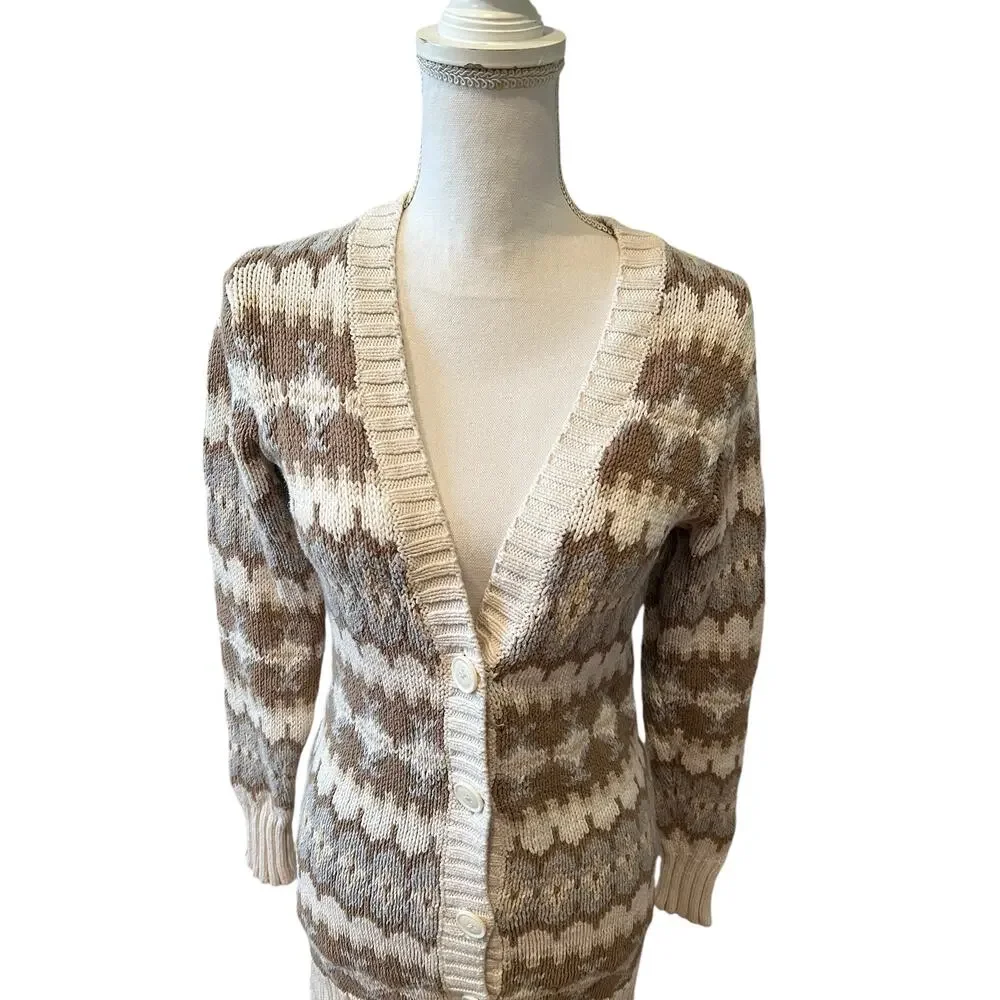 Bass Soft Cocoon Long Cardigan Sweater Ivory Taupe Print